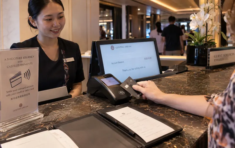 Using a credit card to settle a cashless cruise account on the Genting Dream