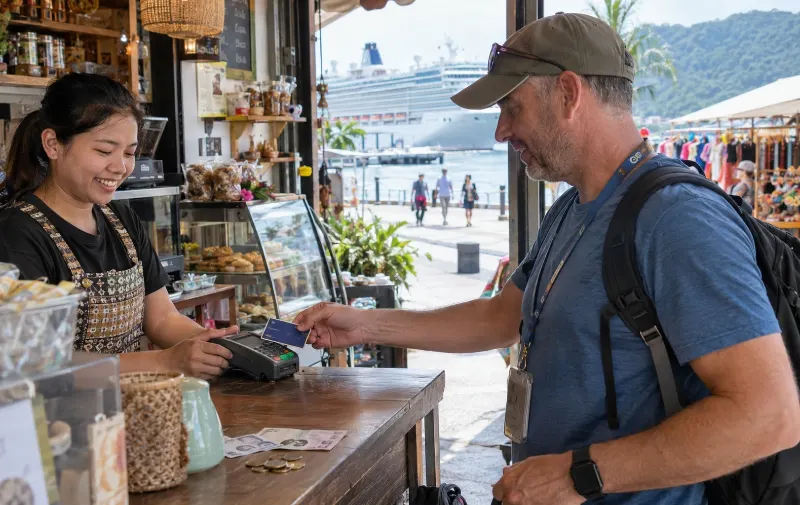 Paying in local currency with a multi-currency card on a cruise port day