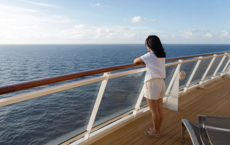 Calm sea view from the Genting Dream deck, looking at the horizon to ease seasickness