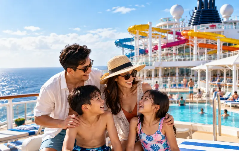 Family enjoying the waterslide park and pools on the Genting Dream