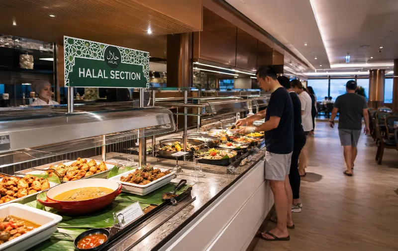 Halal-certified buffet section at The Lido on the Genting Dream cruise