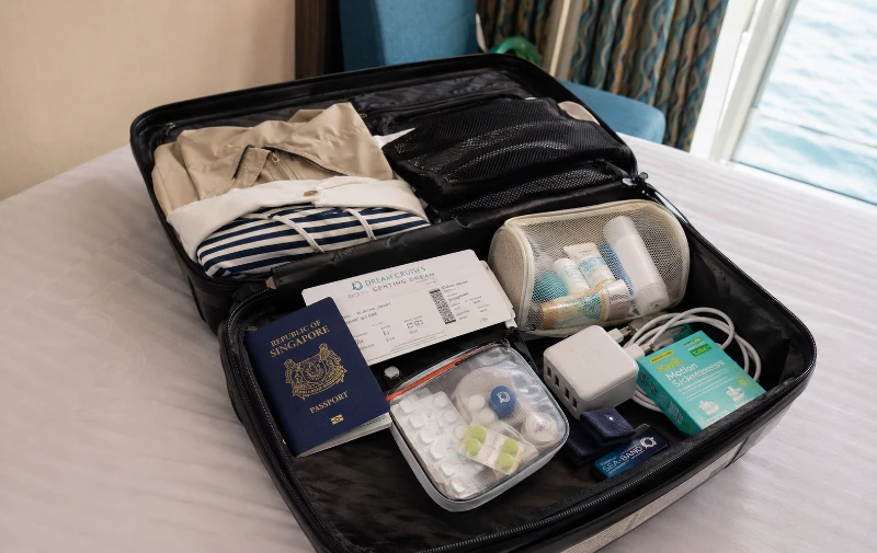 Passport, boarding pass, light jacket, medication, multi-USB charger and seasickness remedies packed for a Genting Dream cruise