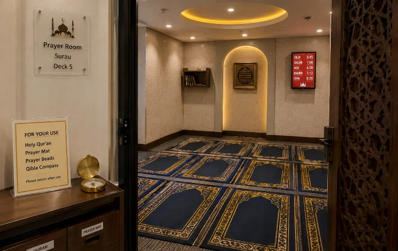 Prayer room (surau) on Deck 5 of the Genting Dream with prayer mats and qibla compass